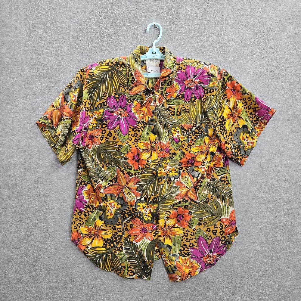 TESS Women Button Up Shirt L Yellow‎ 100% Silk Floral Cheetah Print Short Sleeve